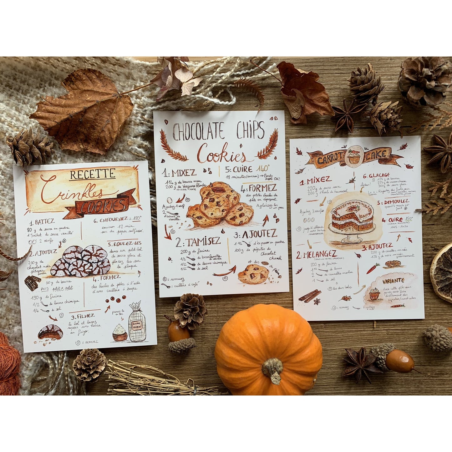 Lot de 3 cartes recettes de l'automne