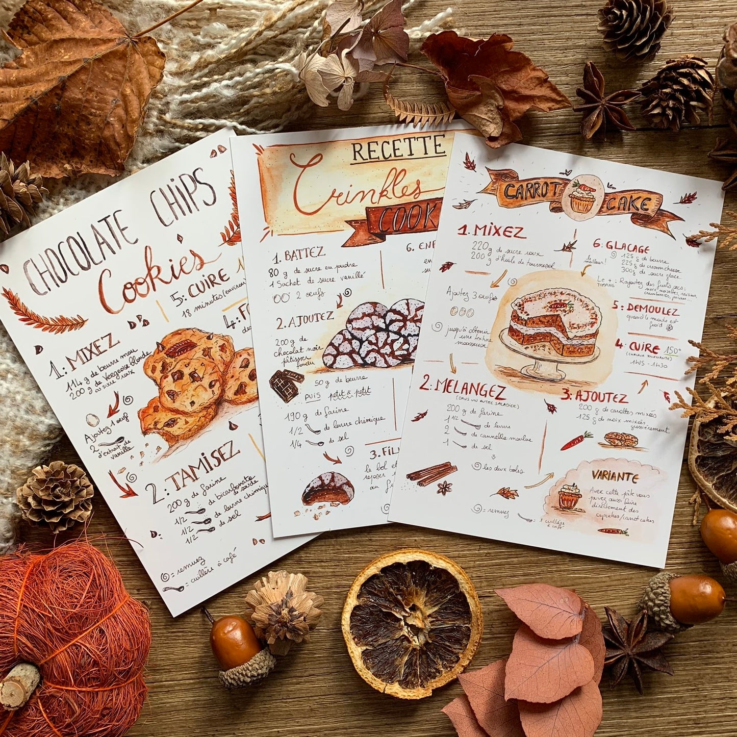 Lot de 3 cartes recettes de l'automne